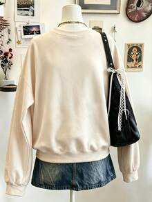 Lalippa 秋冬氛圍 MERRY 刺繡落肩休閒運動衫，快樂歡快刺繡運動衫，聖誕快樂雪尼爾紗線運動衫，基督徒禮物客製化個性化秋冬運動衫，秋冬運動衫時尚禮物 - 杏色 - 查看 2