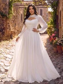 Glamrae Plus Size Elegant Glamorous Romantic White Luxury Beaded Sequins Embellished Ruched Bust Corset Sheer Long Sleeve A-Line Wedding Bridal Gown - White - View 2