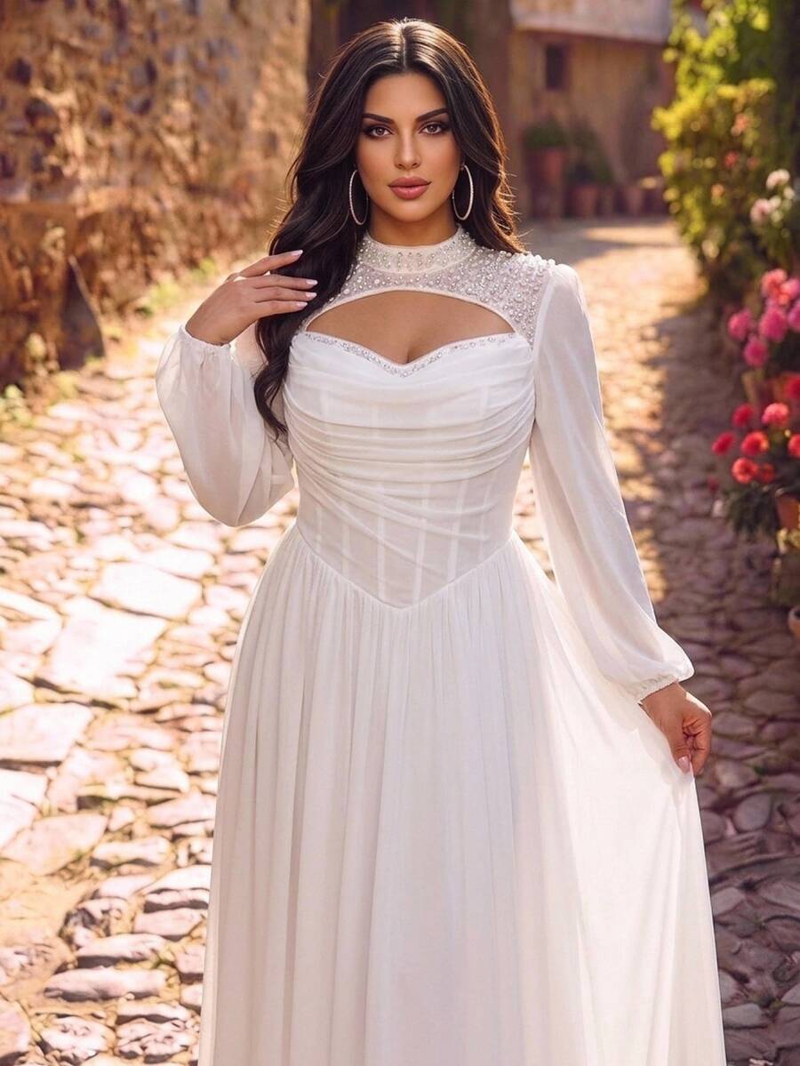 Glamrae Plus Size Elegant Glamorous Romantic White Luxury Beaded Sequins Embellished Ruched Bust Corset Sheer Long Sleeve A-Line Wedding Bridal Gown - White - View 1