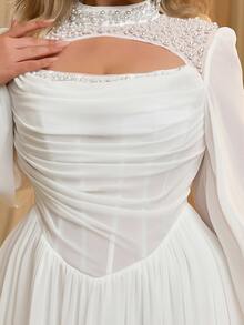 Glamrae Plus Size Elegant Glamorous Romantic White Luxury Beaded Sequins Embellished Ruched Bust Corset Sheer Long Sleeve A-Line Wedding Bridal Gown - White - View 8