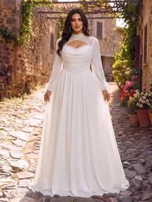 Glamrae Plus Size Elegant Glamorous Romantic White Luxury Beaded Sequins Embellished Ruched Bust Corset Sheer Long Sleeve A-Line Wedding Bridal Gown - White - View 5