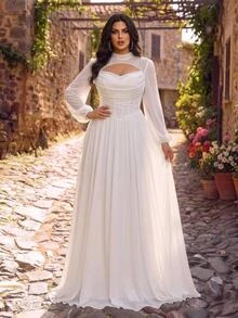 Glamrae Plus Size Elegant Glamorous Romantic White Luxury Beaded Sequins Embellished Ruched Bust Corset Sheer Long Sleeve A-Line Wedding Bridal Gown - White - View 6