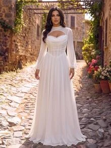 Glamrae Plus Size Elegant Glamorous Romantic White Luxury Beaded Sequins Embellished Ruched Bust Corset Sheer Long Sleeve A-Line Wedding Bridal Gown - White - View 7