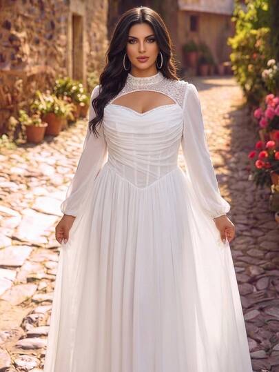 Glamrae Plus Size Elegant Glamorous Romantic White Luxury Beaded Sequins Embellished Ruched Bust Corset Sheer Long Sleeve A-Line Wedding Bridal Gown