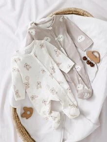 SHEIN 2 Packs Newborn Baby Autumn/Winter Jumpsuits, Cute Cartoon Cloud, Star, Bear Digital Print Long Sleeve Footed Jumpsuit Crew Neck Knit Pants Animal - Multicolor - View 9