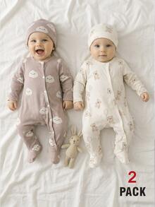 SHEIN 2 Packs Newborn Baby Autumn/Winter Jumpsuits, Cute Cartoon Cloud, Star, Bear Digital Print Long Sleeve Footed Jumpsuit Crew Neck Knit Pants Animal - Multicolor - View 11