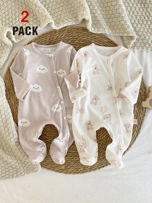 SHEIN 2 Packs Newborn Baby Autumn/Winter Jumpsuits, Cute Cartoon Cloud, Star, Bear Digital Print Long Sleeve Footed Jumpsuit Crew Neck Knit Pants Animal - Multicolor - View 4