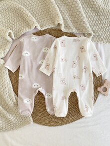 SHEIN 2 Packs Newborn Baby Autumn/Winter Jumpsuits, Cute Cartoon Cloud, Star, Bear Digital Print Long Sleeve Footed Jumpsuit Crew Neck Knit Pants Animal - Multicolor - View 3