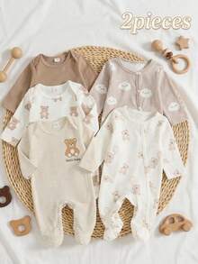 SHEIN 2 Packs Newborn Baby Autumn/Winter Jumpsuits, Cute Cartoon Cloud, Star, Bear Digital Print Long Sleeve Footed Jumpsuit Crew Neck Knit Pants Animal - Multicolor - View 2
