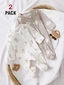 SHEIN 2 Packs Newborn Baby Autumn/Winter Jumpsuits, Cute Cartoon Cloud, Star, Bear Digital Print Long Sleeve Footed Jumpsuit Crew Neck Knit Pants Animal - Multicolor - View 8