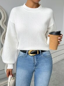 SHEIN Women's Casual Loose Fit Crew Neck Long Sleeve Knitted Pullover, Fall Winter - White - View 5