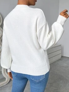 SHEIN Women's Casual Loose Fit Crew Neck Long Sleeve Knitted Pullover, Fall Winter - White - View 2