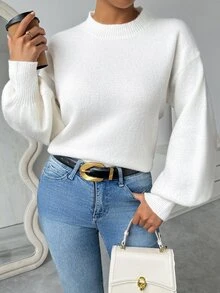 SHEIN Women's Casual Loose Fit Crew Neck Long Sleeve Knitted Pullover, Fall Winter - White - View 8