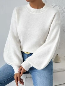 SHEIN Women's Casual Loose Fit Crew Neck Long Sleeve Knitted Pullover, Fall Winter - White - View 7