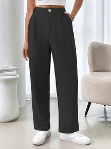 SHEIN French Style Solid Color Pleated Edge Pocket Women Suit Pants, Non-Stretchable - Black - View 7