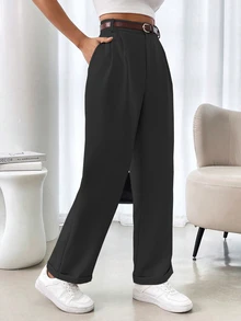 SHEIN French Style Solid Color Pleated Edge Pocket Women Suit Pants, Non-Stretchable - Black - View 3