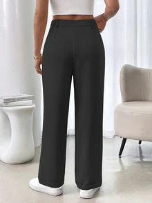 SHEIN French Style Solid Color Pleated Edge Pocket Women Suit Pants, Non-Stretchable - Black - View 2