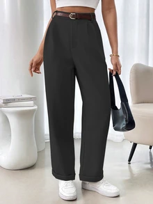 SHEIN French Style Solid Color Pleated Edge Pocket Women Suit Pants, Non-Stretchable - Black - View 5