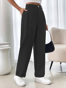 SHEIN French Style Solid Color Pleated Edge Pocket Women Suit Pants, Non-Stretchable - Black - View 4