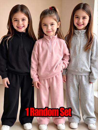 SHEIN Playful Pals 3sets Infant Girls And Boys 3-Piece Solid Color Zipper Stand Collar Fleece Sweatshirt & Wide Leg Sweatpants Set, Basic Autumn/Winter Outfit For Toddlers, Grey, Pink, Black, Essential Outwear