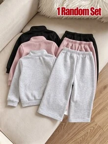 SHEIN 1套嬰兒女童與男童純色拉鍊立領抓絨運動衫與寬腿運動褲套裝，秋冬幼兒穿搭，外穿 - 彩色 - 查看 2