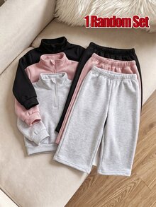 SHEIN 1套嬰兒女童與男童純色拉鍊立領抓絨運動衫與寬腿運動褲套裝，秋冬幼兒穿搭，外穿 - 彩色 - 查看 1