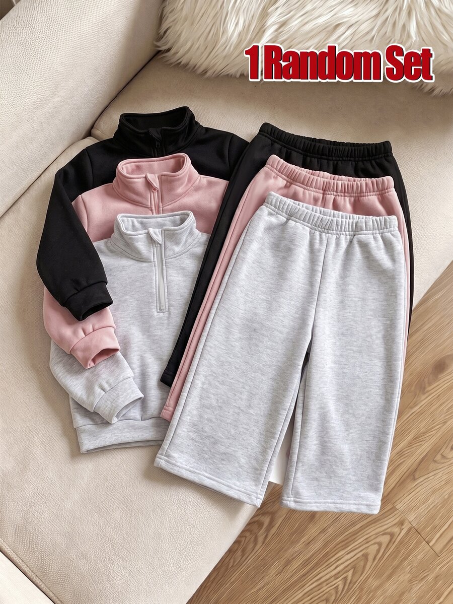 SHEIN 1套嬰兒女童與男童純色拉鍊立領抓絨運動衫與寬腿運動褲套裝,秋冬幼兒穿搭,外穿 - 彩色 - 查看 1