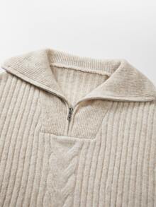 SHEIN Half Zip Collar Cable Knit Sweater Women, Loose Casual Ribbed Knitted Pullover, - Apricot - View 6
