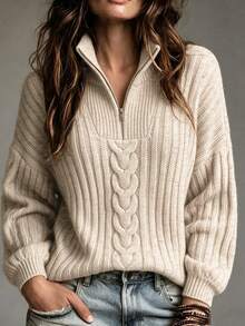 SHEIN Half Zip Collar Cable Knit Sweater Women, Loose Casual Ribbed Knitted Pullover, - Apricot - View 3