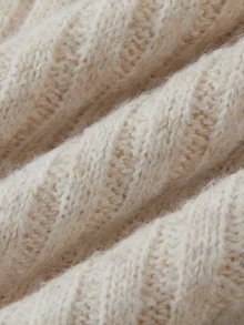 SHEIN Half Zip Collar Cable Knit Sweater Women, Loose Casual Ribbed Knitted Pullover, - Apricot - View 4