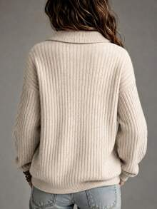 SHEIN Half Zip Collar Cable Knit Sweater Women, Loose Casual Ribbed Knitted Pullover, - Apricot - View 2