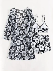 SHEIN Swim Summer Outfits For Women Summer Beach Floral Print Bikini Set With Kimono - Black and White - View 5