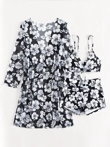 SHEIN Swim Summer Outfits For Women Summer Beach Floral Print Bikini Set With Kimono - Black and White - View 8