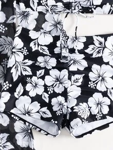 SHEIN Swim Summer Outfits For Women Summer Beach Floral Print Bikini Set With Kimono - Black and White - View 6