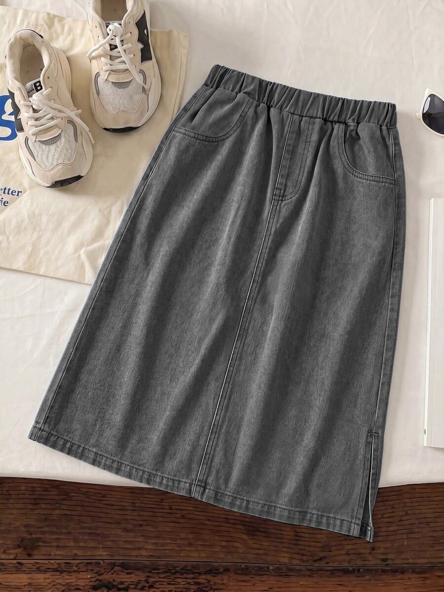SHEIN Girls' Denim Mid-Length Skirt, Cotton Casual, Fashionable ...