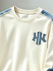 SHEIN 2件組大童男孩時尚百搭舒適圓領衛衣秋季套裝，街頭風拼色圖案設計，針織衛衣搭配寬腿褲兩件套，適合假期聚會與派對，春夏秋休閒穿著，男孩春秋首選時尚休閒套裝，春夏秋街頭穿搭 - 彩色 - 查看 5