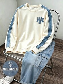 SHEIN 2件組大童男孩時尚百搭舒適圓領衛衣秋季套裝，街頭風拼色圖案設計，針織衛衣搭配寬腿褲兩件套，適合假期聚會與派對，春夏秋休閒穿著，男孩春秋首選時尚休閒套裝，春夏秋街頭穿搭 - 彩色 - 查看 4