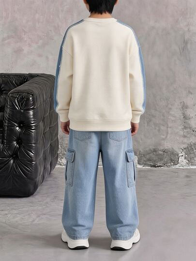 SHEIN 2pcs Tween Boy Fashion Versatile Comfortable Crew Neck Sweatshirt Autumn Set, Street Style Colorblock Graphic Design, Fashion Knit Sweatshirt Paired With Wide Leg Pants 2-Piece Set, Suitable For Holiday Gatherings And Parties, Spring Summer Autumn Casual Wear, Boys' Spring Autumn First Choice Fashion Casual Outfit, Spring Summer Autumn Streetwear