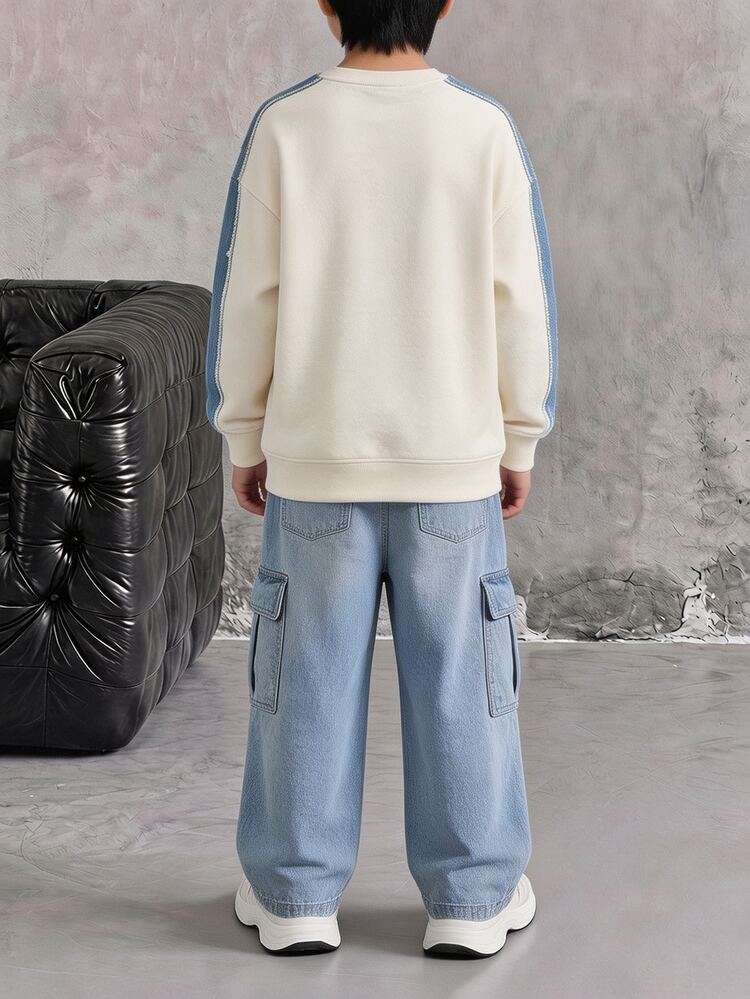 SHEIN 2pcs Tween Boy Fashion Versatile Comfortable Crew Neck Sweatshirt Autumn Set, Street Style Colorblock Graphic Design, Fashion Knit Sweatshirt Paired With Wide Leg Pants 2-Piece Set, Suitable For Holiday Gatherings And Parties, Spring Summer Autumn Casual Wear, Boys' Spring Autumn First Choice Fashion Casual Outfit, Spring Summer Autumn Streetwear - Multicolor - View 2