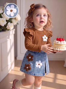 SHEIN Playful Pals BABY GIRLS 2pcs Set Fall Winter Long Sleeve Ruffle Top & Denim Skirt Outfit Cute Floral Applique Suitable For Girls' Casual Wear - Brown - View 4