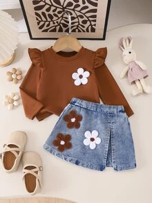 SHEIN Playful Pals BABY GIRLS 2pcs Set Fall Winter Long Sleeve Ruffle Top & Denim Skirt Outfit Cute Floral Applique Suitable For Girls' Casual Wear - Brown - View 1