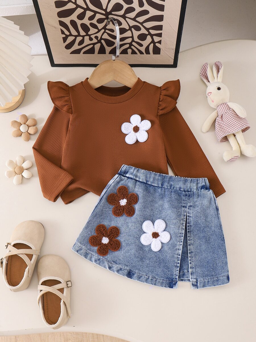 SHEIN Playful Pals BABY GIRLS 2pcs Set Fall Winter Long Sleeve Ruffle Top & Denim Skirt Outfit Cute Floral Applique Suitable For Girls' Casual Wear - Brown - View 1