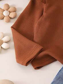 SHEIN Playful Pals BABY GIRLS 2pcs Set Fall Winter Long Sleeve Ruffle Top & Denim Skirt Outfit Cute Floral Applique Suitable For Girls' Casual Wear - Brown - View 10