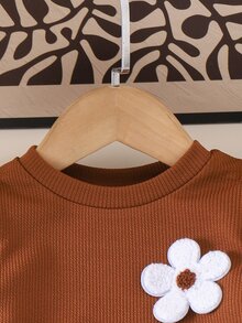 SHEIN Playful Pals BABY GIRLS 2pcs Set Fall Winter Long Sleeve Ruffle Top & Denim Skirt Outfit Cute Floral Applique Suitable For Girls' Casual Wear - Brown - View 8