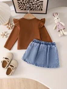 SHEIN Playful Pals BABY GIRLS 2pcs Set Fall Winter Long Sleeve Ruffle Top & Denim Skirt Outfit Cute Floral Applique Suitable For Girls' Casual Wear - Brown - View 2