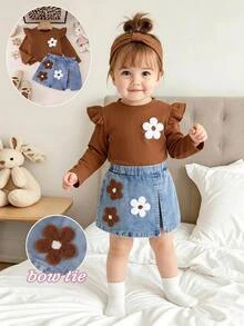 SHEIN Playful Pals BABY GIRLS 2pcs Set Fall Winter Long Sleeve Ruffle Top & Denim Skirt Outfit Cute Floral Applique Suitable For Girls' Casual Wear - Brown - View 3