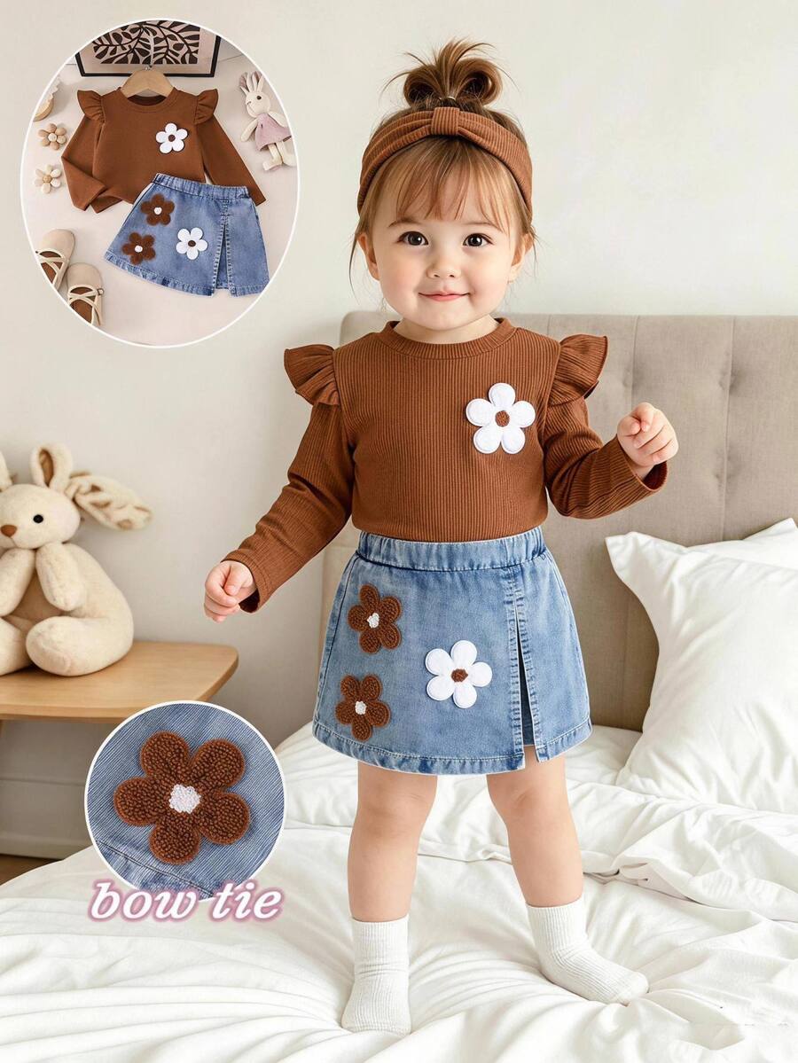 SHEIN Playful Pals طقم بناتي للرضع من قطعتين للخريف والشتاء، ملابس علوية بأكمام طويلة وكشكشة مع تنورة جينز، مزين بتطريز زهري لطيف، مناسب للارتداء اليومي - بني - مشاهدة 1