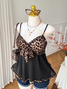 Comfortcana Atasan Camisole Patchwork Motif Leopard untuk Wanita Ukuran Besar di Musim Panas - MultiWarna - View 6