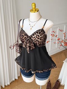 Comfortcana Atasan Camisole Patchwork Motif Leopard untuk Wanita Ukuran Besar di Musim Panas - MultiWarna - View 4