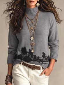 LUMIGAL Sweater Wanita Kasual Serbaguna untuk Komuter, Model Kerah Tinggi, Bahu Longgar, Lengan Panjang, Warna Hitam, Patchwork Renda, dan Hem Bergaris. - Grey - View 1